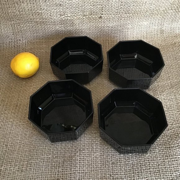 Octime Black Glass Bowls  Octagonal Shape  Set of 4  Vintage - Picture 2 of 3